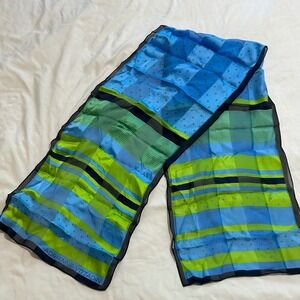 Adrienne Vittadini Silk Scarf Blue Lime Green Striped Polka Dot Sheer Long 53x12